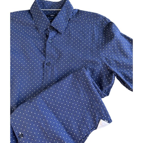 Hugo Boss Mens Navy Polka Dot Button-Down Shirt Regular Fit Medium Seersucker - Picture 1 of 9